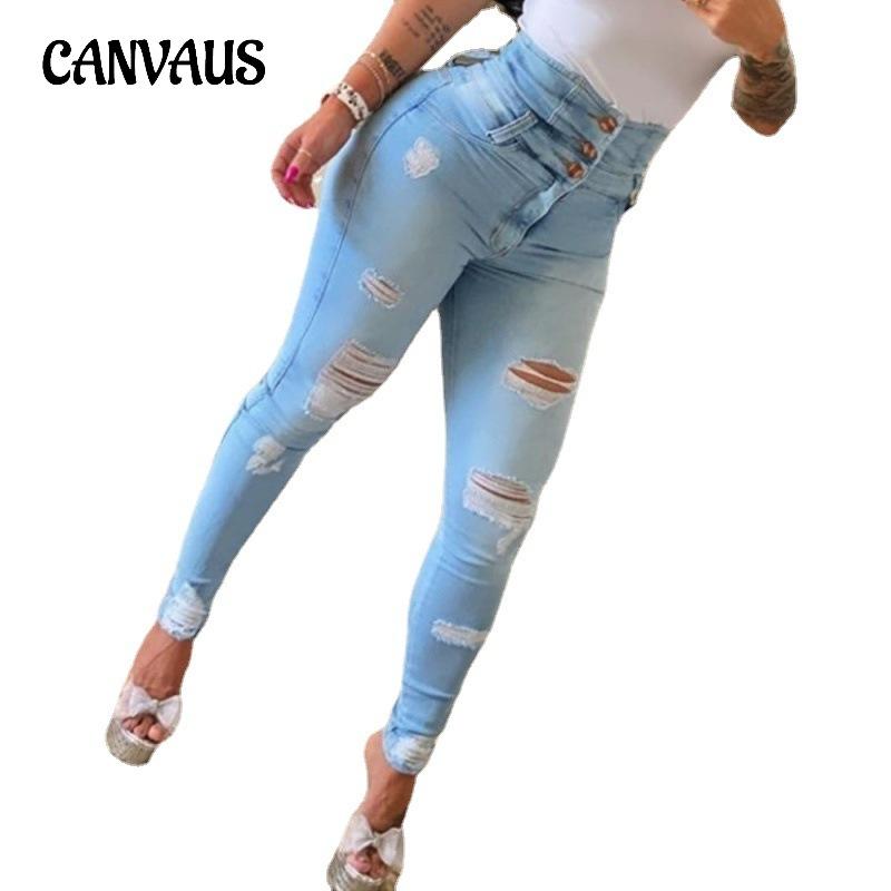 CANVAUS Zomer damesjeans, gescheurde jeans met hoge taille, persoonlijkheidstrend, broek met kleine pijpen, lange broek S