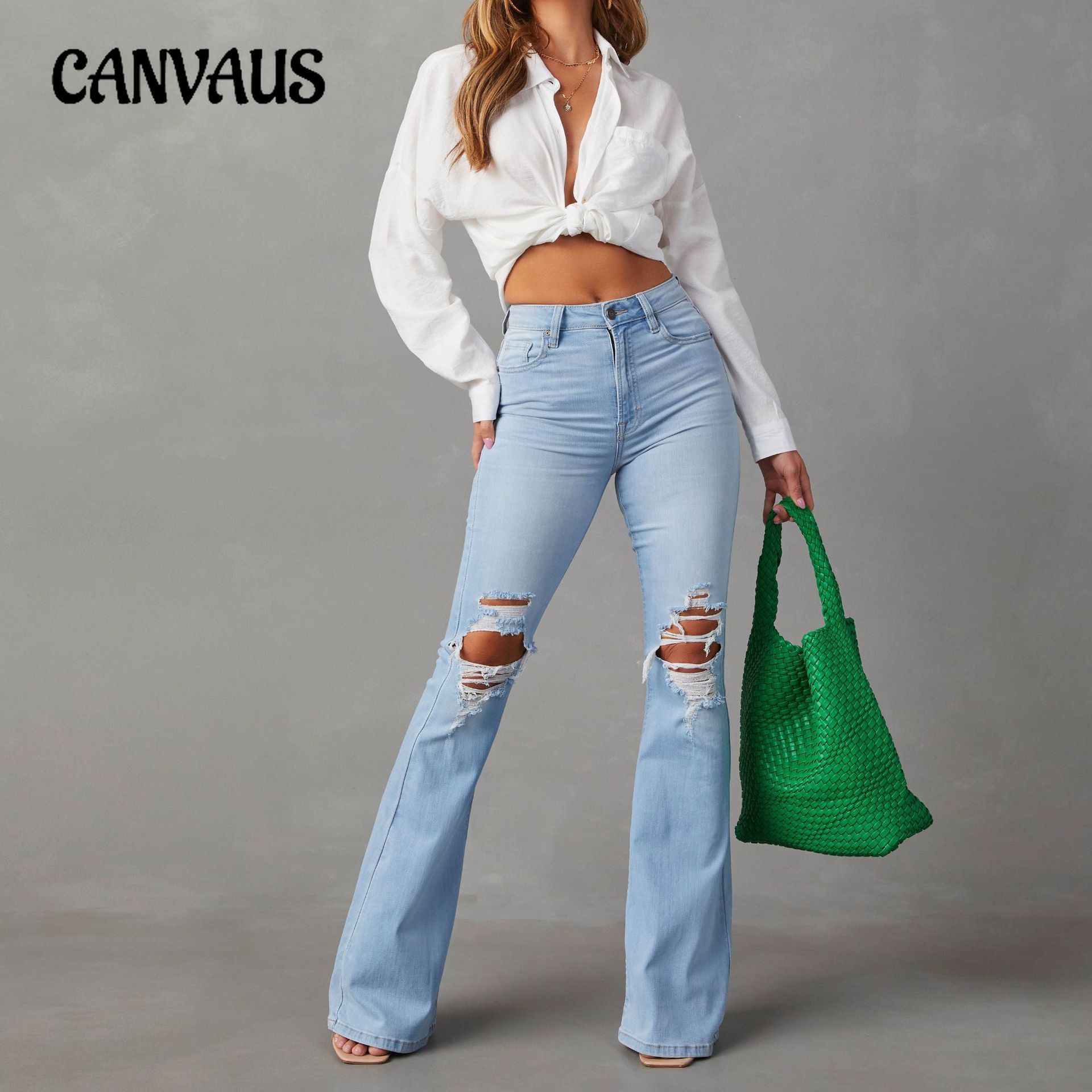 CANVAUS Lente zomer damesjeans met hoge taille, Street Spice uitlopende broek, lange broek S