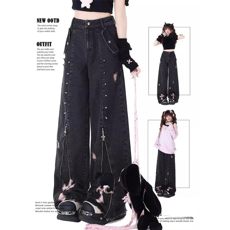 Exotic Vrouwen Zwarte Gothic Baggy Jeans Vintage Hoge Taille Cowboy Broek Harajuku Denim Broek Esthetische Y2k Emo Trashy 2000s Kleding S zwart