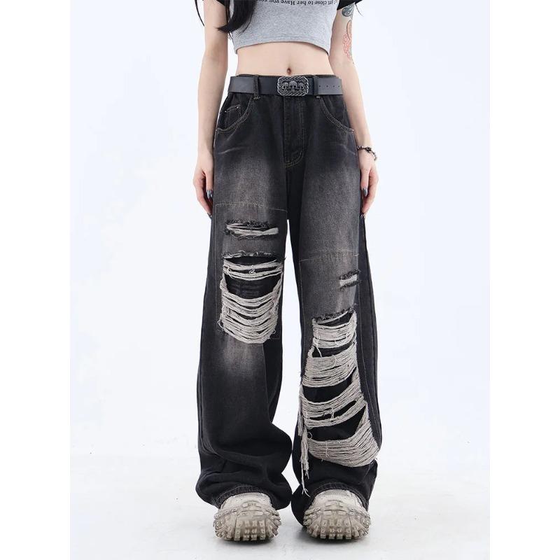 Exotic Dames gothic zwarte jeans hoge taille vintage Koreaanse mode Y2k streetwear gescheurde broek harajuku casual wijde pijpen denim broek S zwart