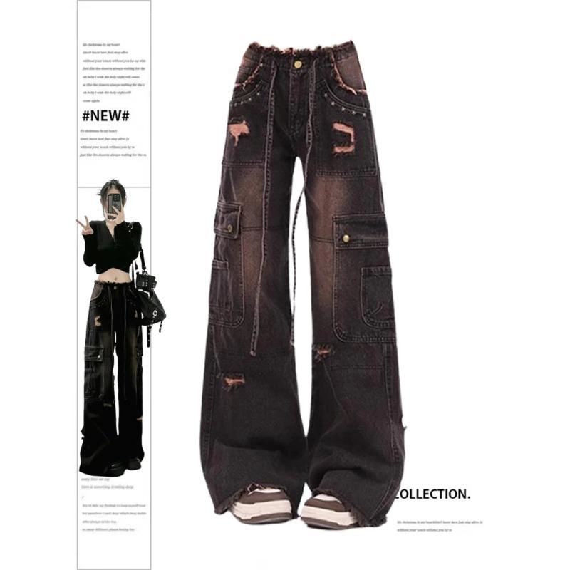 Exotic Dames 90s Vintage Zwarte Gothic Cargo Jeans Y2k Hoge Taille Wijde Pijpen Denim Broek Harajuku Baggy Jean Broek Emo 2000s Kleding S zwart