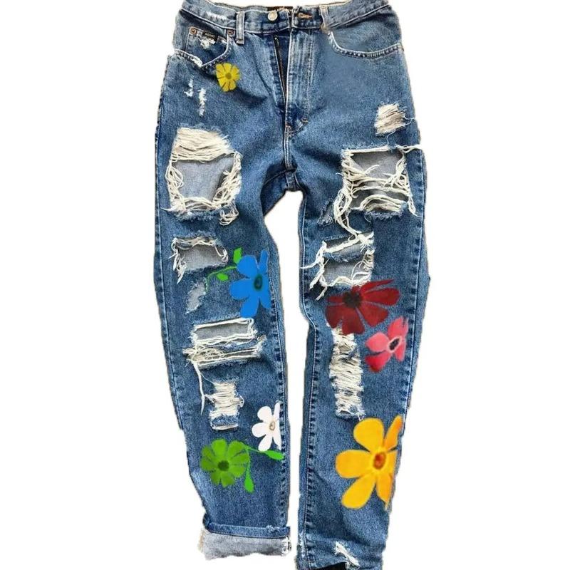 Heihei Vrouwen Gescheurde Jeans Mode Hoge Taille Bloemenprint Broek Met Zakken Casual Stijl Bodems Tiener Denim Broek Dameskleding 3XL blauw