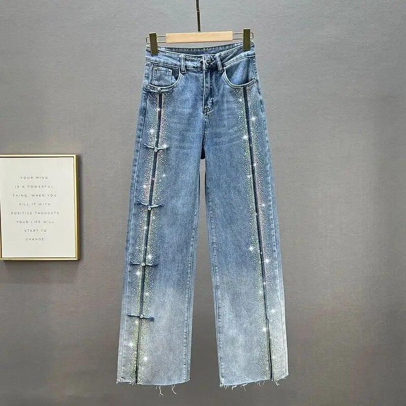 KiKoy Jeans Damesbroek met wijde pijpen Lente hoge taille Losse en afslankende mopbroek Modieuze broek 26 blauw