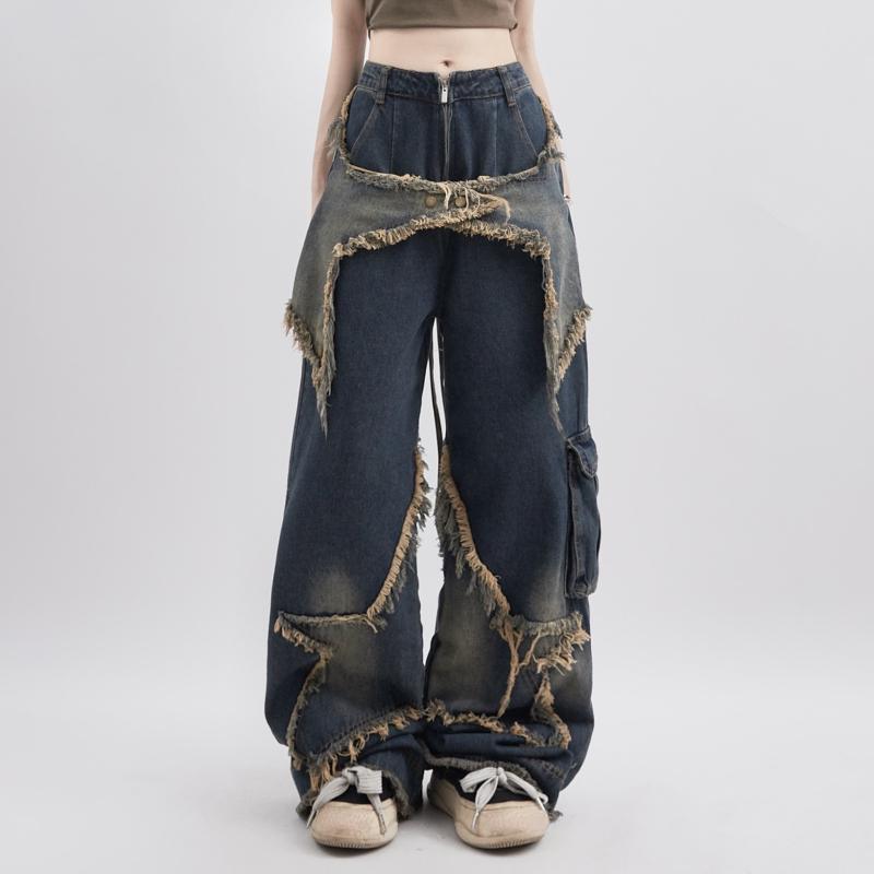 Exotic Vrouwen Blue Jeans Contrasterende Kleuren Hoge Taille Amerikaanse Straat Wijde Pijpen Broek Mode Hip Hop Vintage Rechte Herfst Broek S blauw