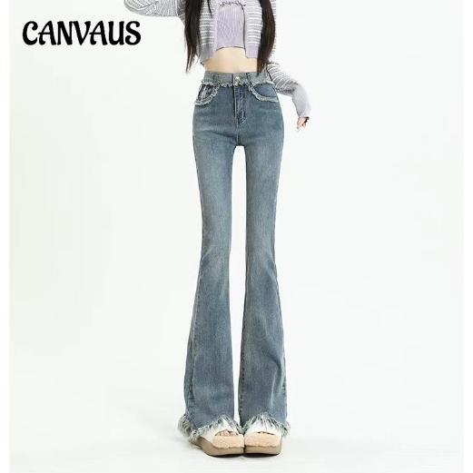 CANVAUS Micro Flare-broek Jeans voor dames Lente en herfst Hoge taille Lichtgekleurde uitlopende broek met ruwe rand XS