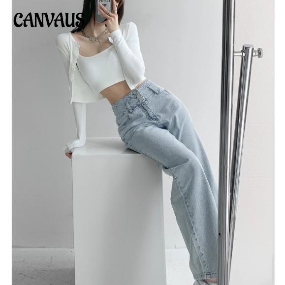 CANVAUS Vintage hoog getailleerde broek knop jeans voor vrouwen draperen losse rechte wijde pijpen broek S