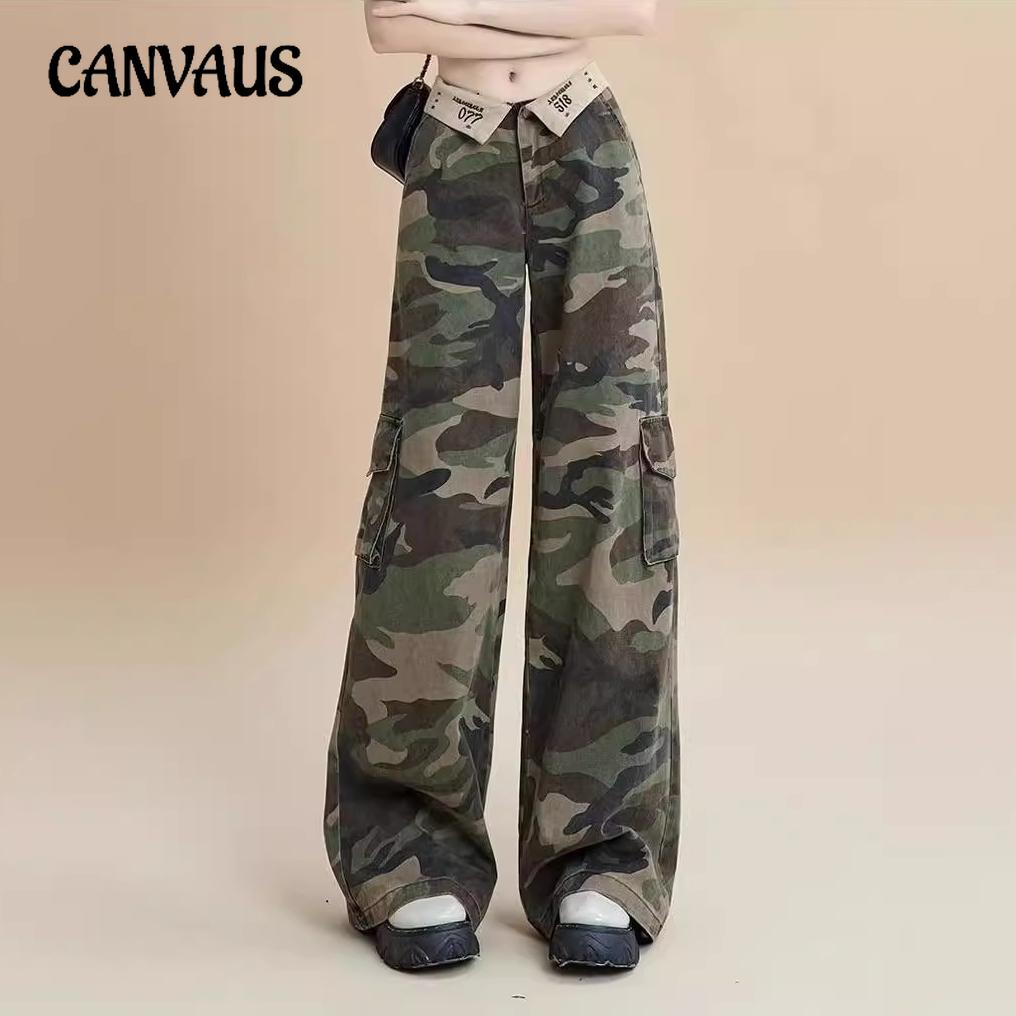 CANVAUS Vintage denim jeans werkkleding broek voor dames Flap rechte wijde pijpen broek S