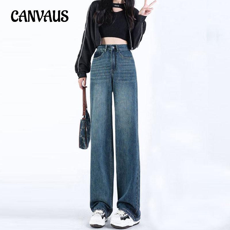 CANVAUS Vintage wijde pijpen broek jeans Clash Pockets hoge taille rechte losse drag jeans voor dames S blauw