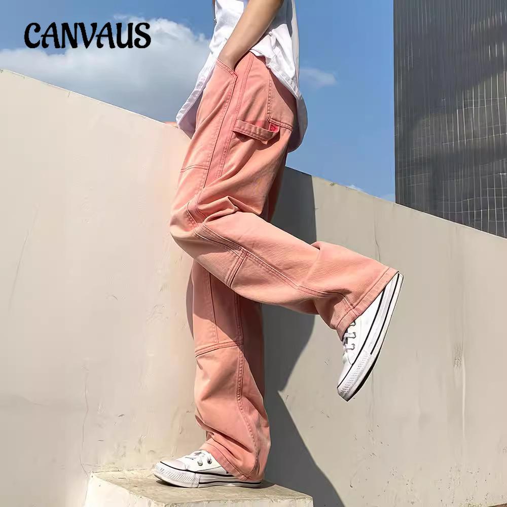 CANVAUS Vintage wijde pijpen broek jeans hoge taille rechte roze jeans vrouwen zoete en pittige wijde pijpen jeans S roze