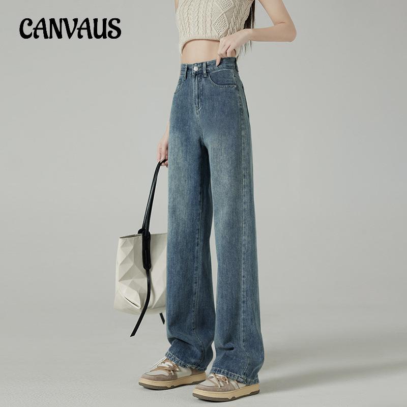 CANVAUS Vintage wijde pijpen broek jeans vrouwen hoge taille gedrapeerde rechte broek S blauw