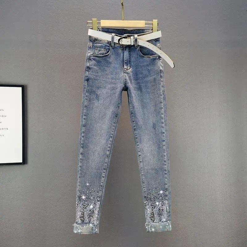 Danmo Vrouwen Unieke Potlood Broek Stretch Skinny Denim Jeans Effen Kleur met Strass Studs XS lichtblauwe kleur