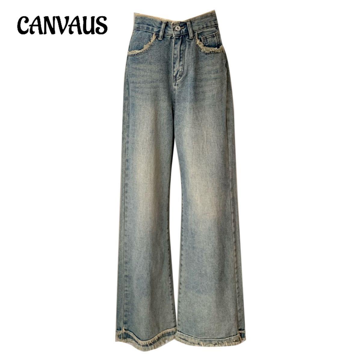 CANVAUS Retro Raw Edge Drag Jeans Dames Lente en Herfst Hoge Taille Losse Rechte Wijde Pijpen Broek Broek Tij S blauw