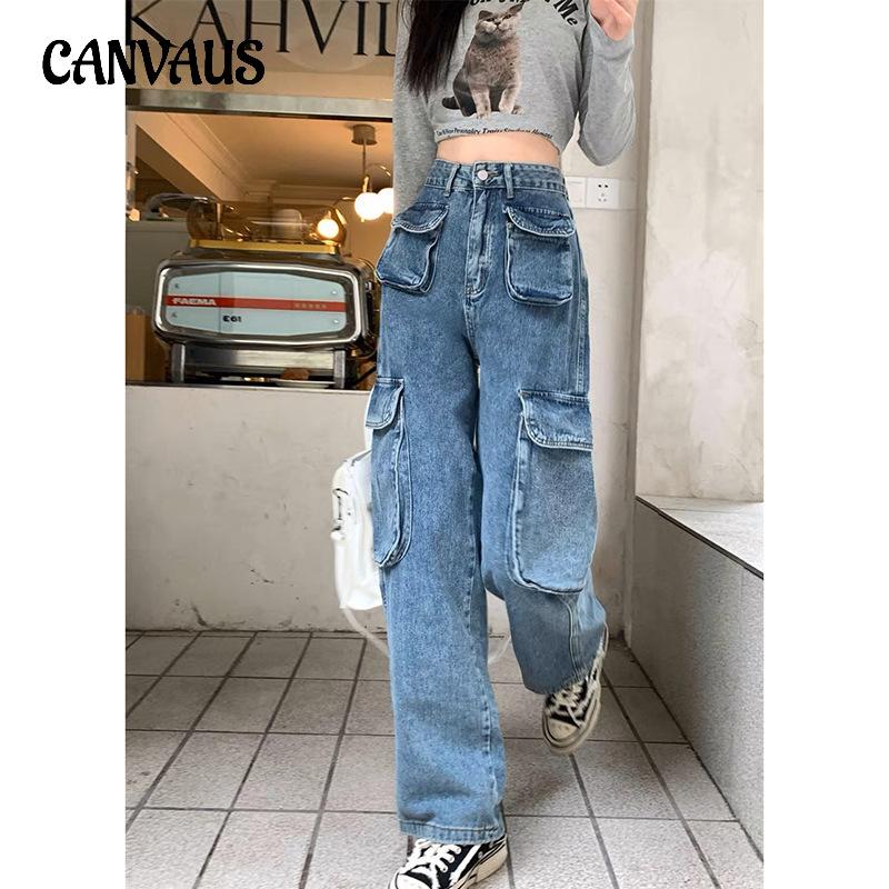 CANVAUS Lente werkbroek met rechte pijpen Vintage jeans met meerdere zakken voor dames Herfst broek met wijde pijpen S blauw