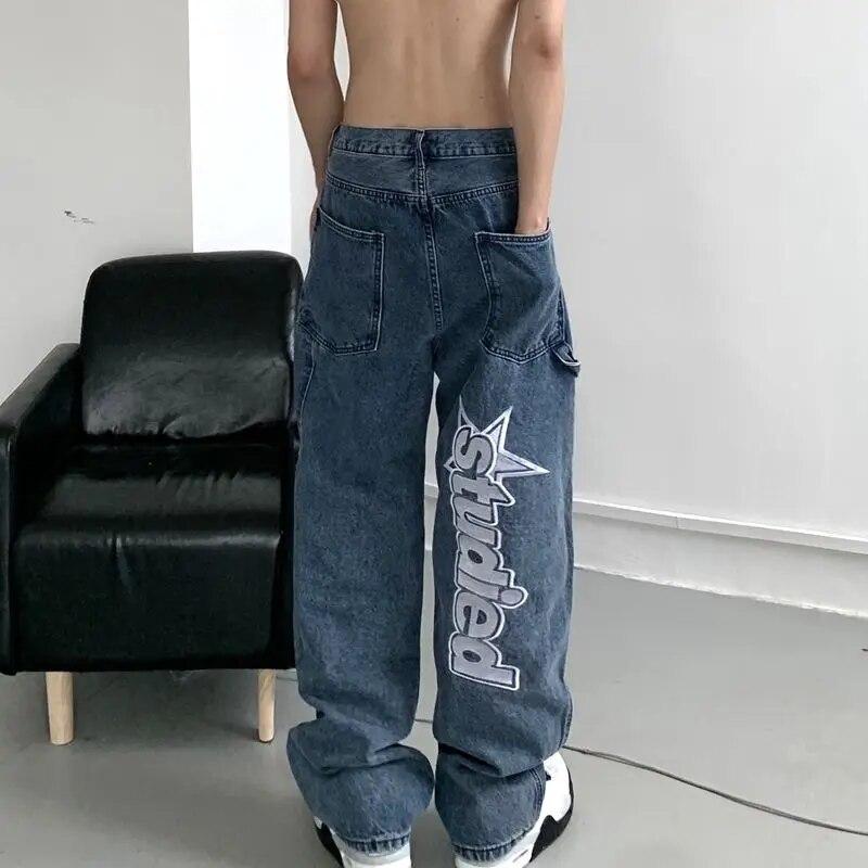 YUMI wardrobe Y2K Vrouwen Koreaanse Mode Streetwear Casual Brief Print Rechte Wijde Pijpen Broek Baggy Denim Broek Mannen Laagbouw Jeans Kleding S blauw