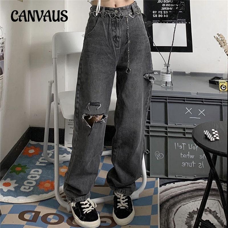 CANVAUS Broek voor dames zomer retro hoge taille gebroken gaten jeans losse dunne rechte wijde pijpen pops broek tij S grijs/zwart