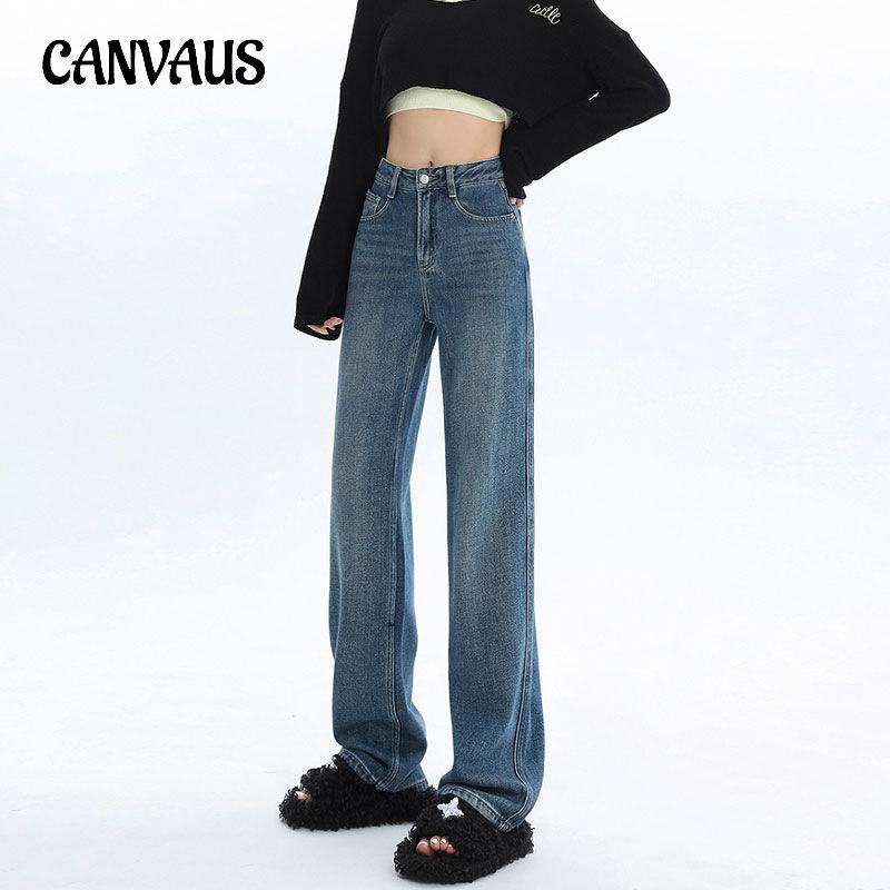 CANVAUS Jeans met wijde pijpen Jeans met rechte pijpen voor dames Lente Herfst Gedrapeerde sleepbroek met hoge taille S blauw