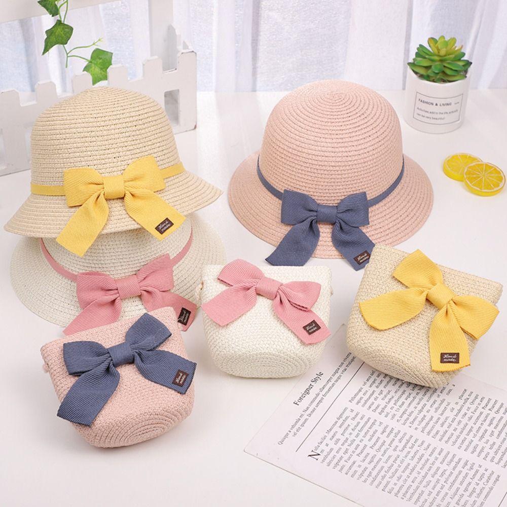 EPsonice Summer 2-6 Years Kids Straw Bag Cap Set Baby Travel Crossbody bag Beach Hats Sun Hat Fisherman Hat