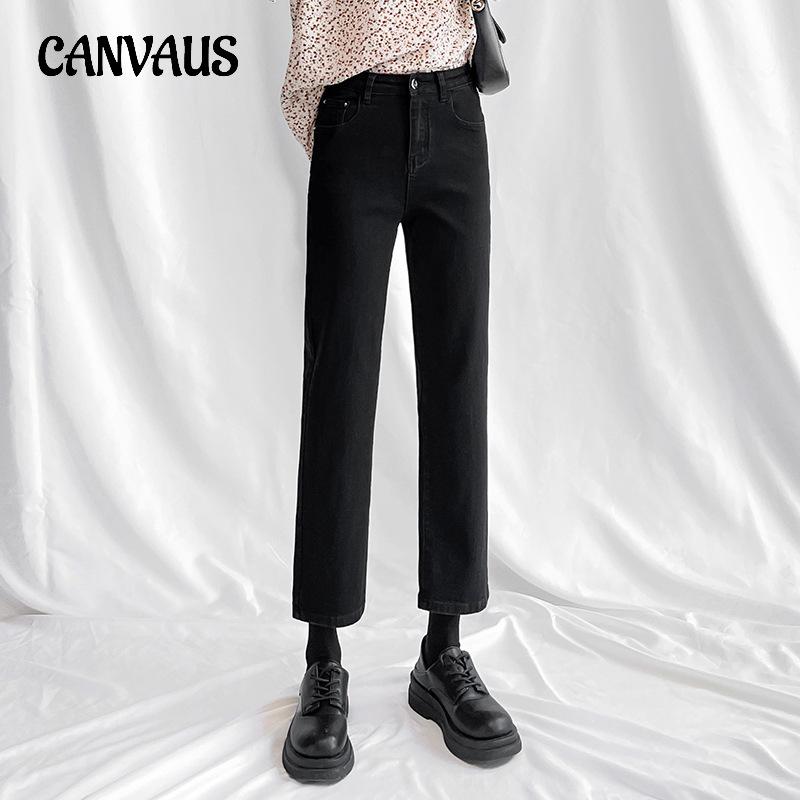 CANVAUS Casual jeans met rechte pijpen Negen tienden broek voor dames Lente stretch casual hoog getailleerde broek S zwart