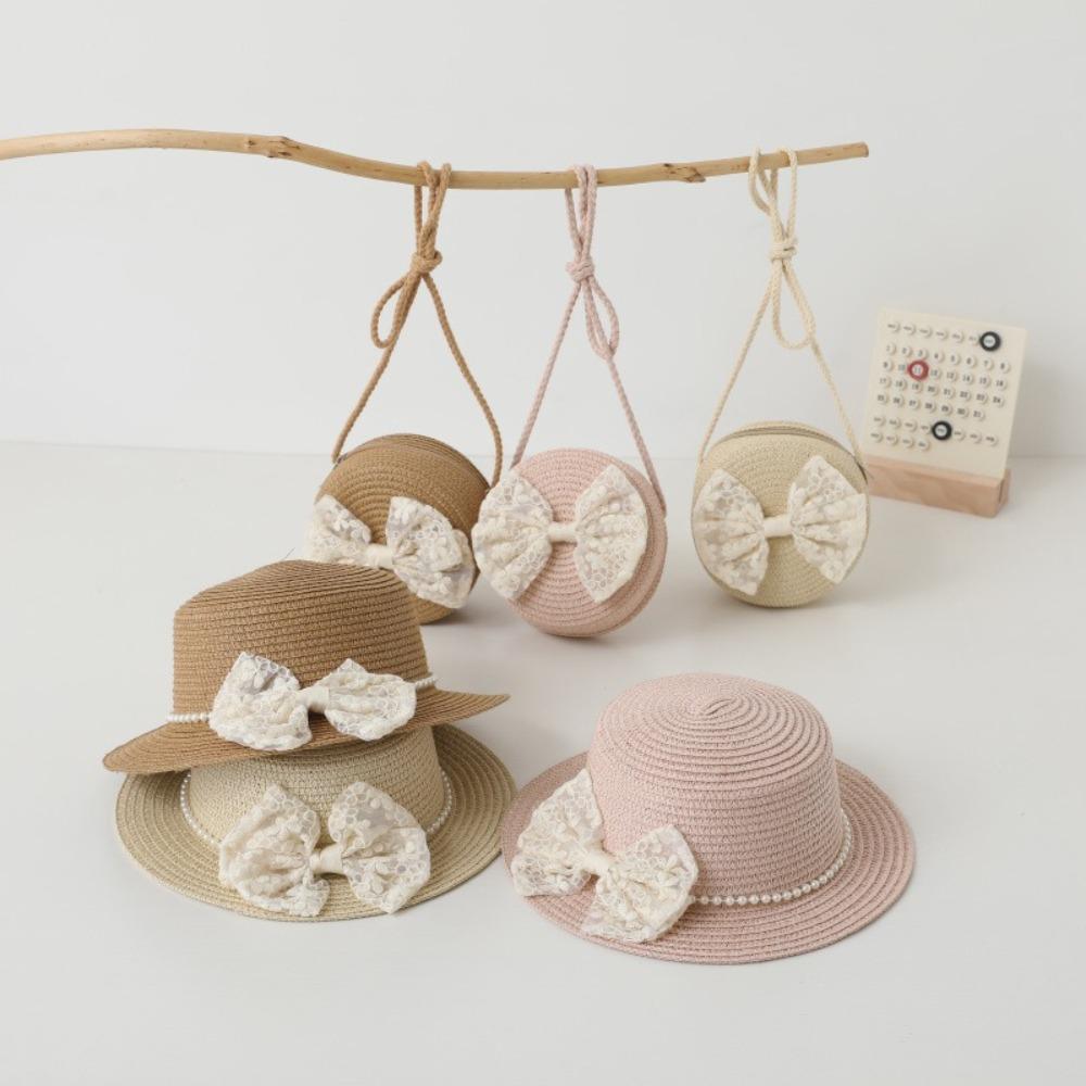 VGfdnmdh5 with Bowknot Design Little Girls Summer Straw Hat Handwoven Straw Sun Cap Shoulder Crossbody Bag Beige-Bag