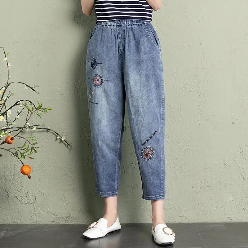 Heihei Zomer elastische taille jeans dames vintage borduurwerk denim broek dames casual retro bloemen cowboy mode cropped harembroek 3XL blauw