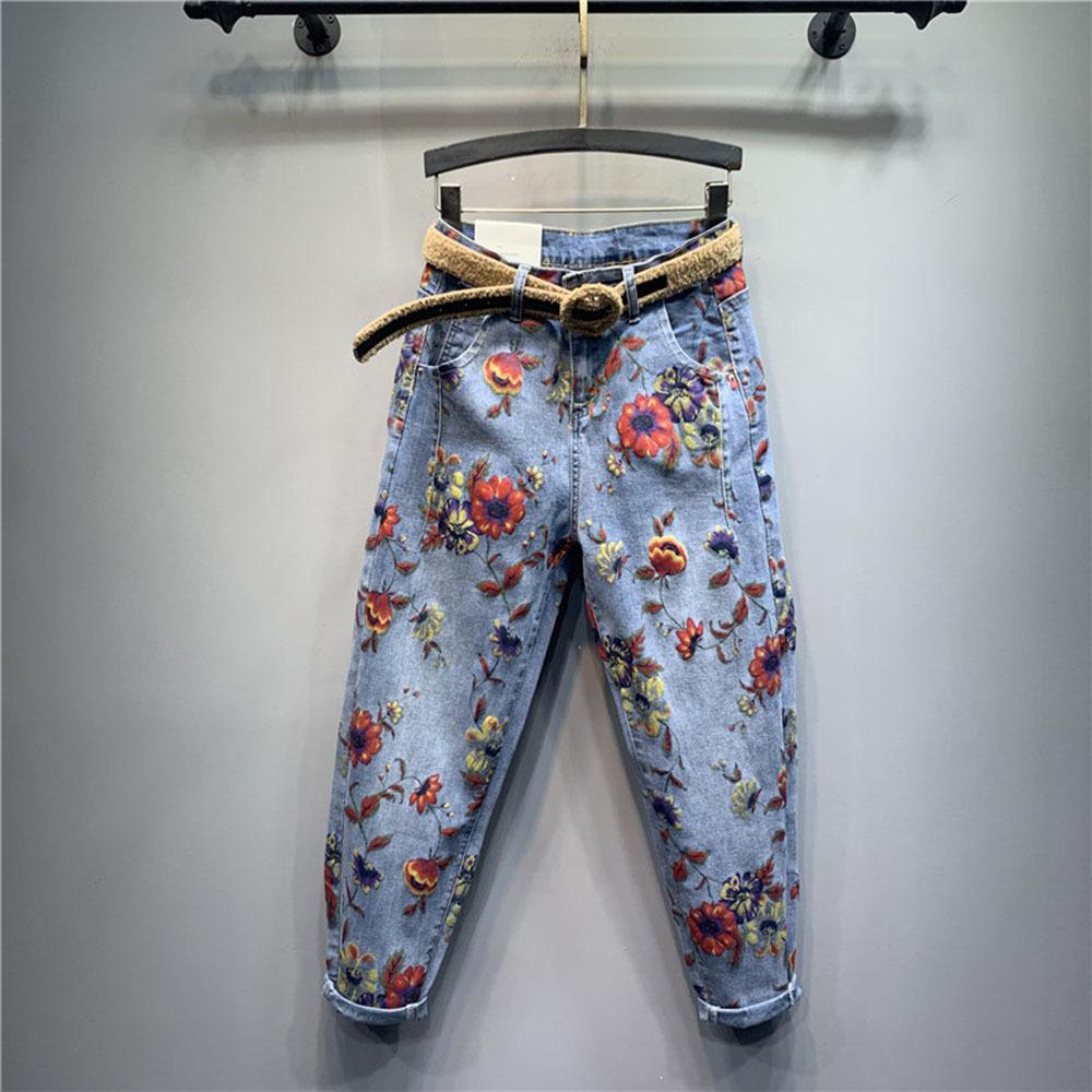 TryTry Bloemen Jeans Vrouw Hoge Taille Losse Broek Persoonlijkheid Bedrukte Denim Harem Broek Dames Jeans 29 blauw