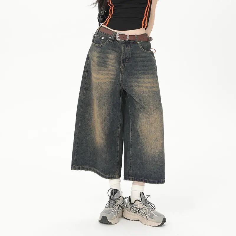 YUMI wardrobe Vintage Loose Jorts Jeans Y2k Streetwear Oversize Shorts Denim Broek Koreaanse Mode Baggy Grunge Broek Zomer Neutraal M blauw