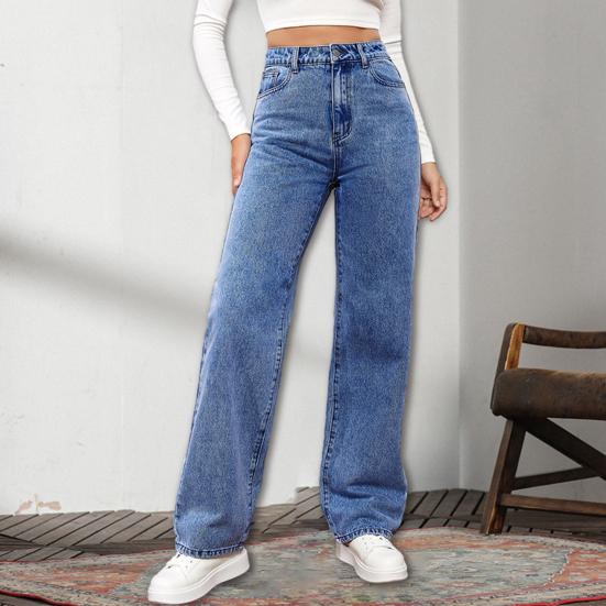 Shenhuangwang Damesjeans Hoge taille Rits Knoopsluiting Effen kleur Slim Fit Wijde pijpen Retro Rechte zakken Zachte kleurvaste dame Volledige lengte denimbroek M donkerblauwe kleur