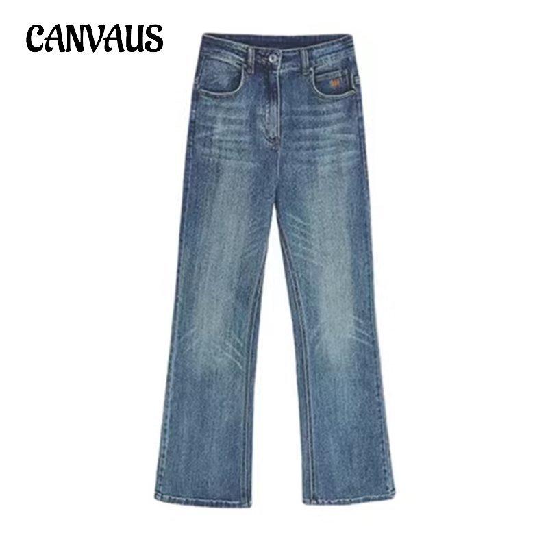 CANVAUS Plus Size Jeans met hoge taille Dames Lente en herfst Losse dunne Retro Drag The Ground Elastische Micro-flare Wijde pijpen Lange broek S blauw