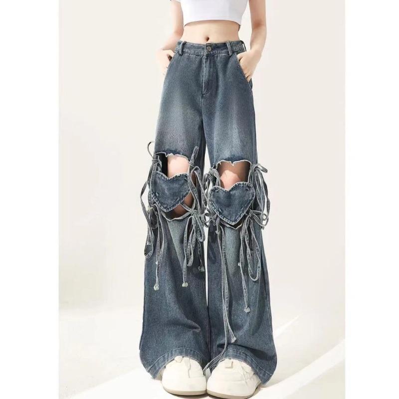 Exotic Dames Y2k Jeans Harajuku 90s Esthetische Baggy Bandage Denim Broek Koreaanse Hart Hollow Out Jean Broek Vintage 2000s Kleding S blauw