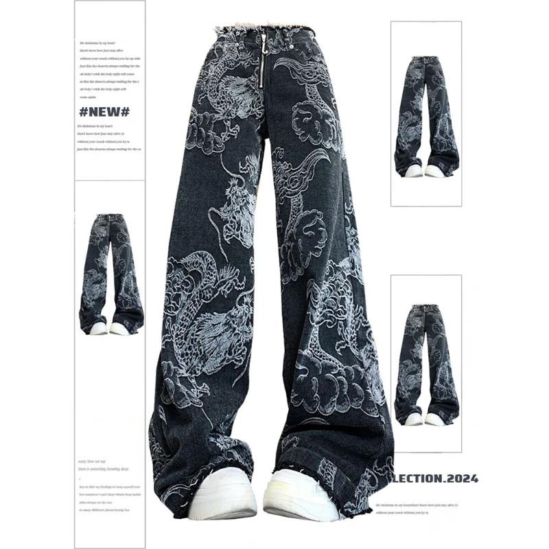 Exotic Dames Zwart Gothic Dragon Print Jeans Baggy Vintage Esthetische Cowboy Broek Harajuku Denim Broek Y2k Trashy 2000s Kleding 2024 S zwart