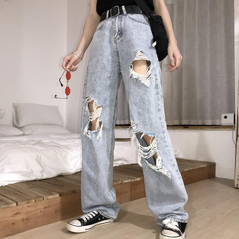 Avantgarde Dames vintage vrouwelijke gescheurde broek streetwear hoge taille gescheurde jeans dames hiphop losse jeans XXXXXL blauw