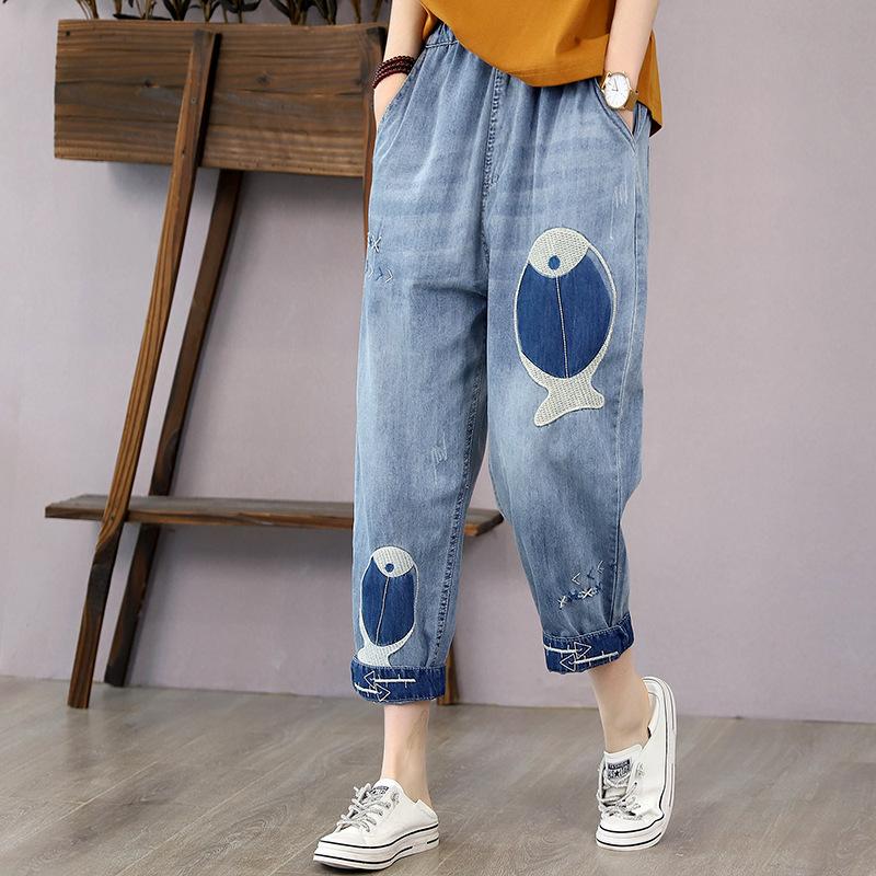 Delicate-Y Retro vintage denim cropped broek, oversized dames lente en herfst loszittende casual jeans S