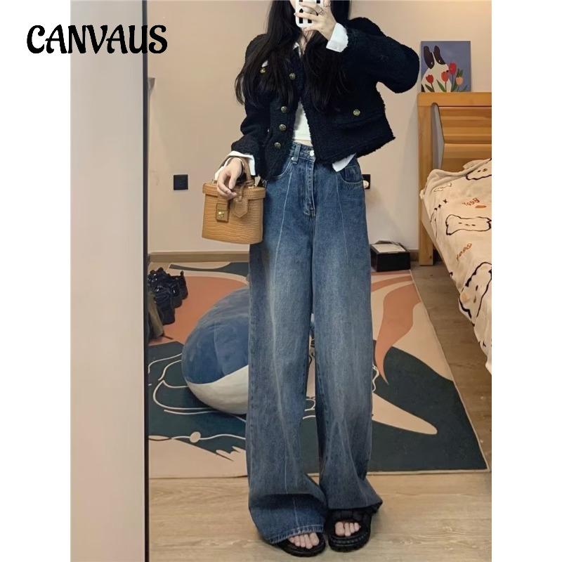 CANVAUS Plus Size Vintage Wijde Pijpen Jeans Dames Lente en Herfst Losse Dunne Peervormige Figuur Rechte Drag-broek S blauw