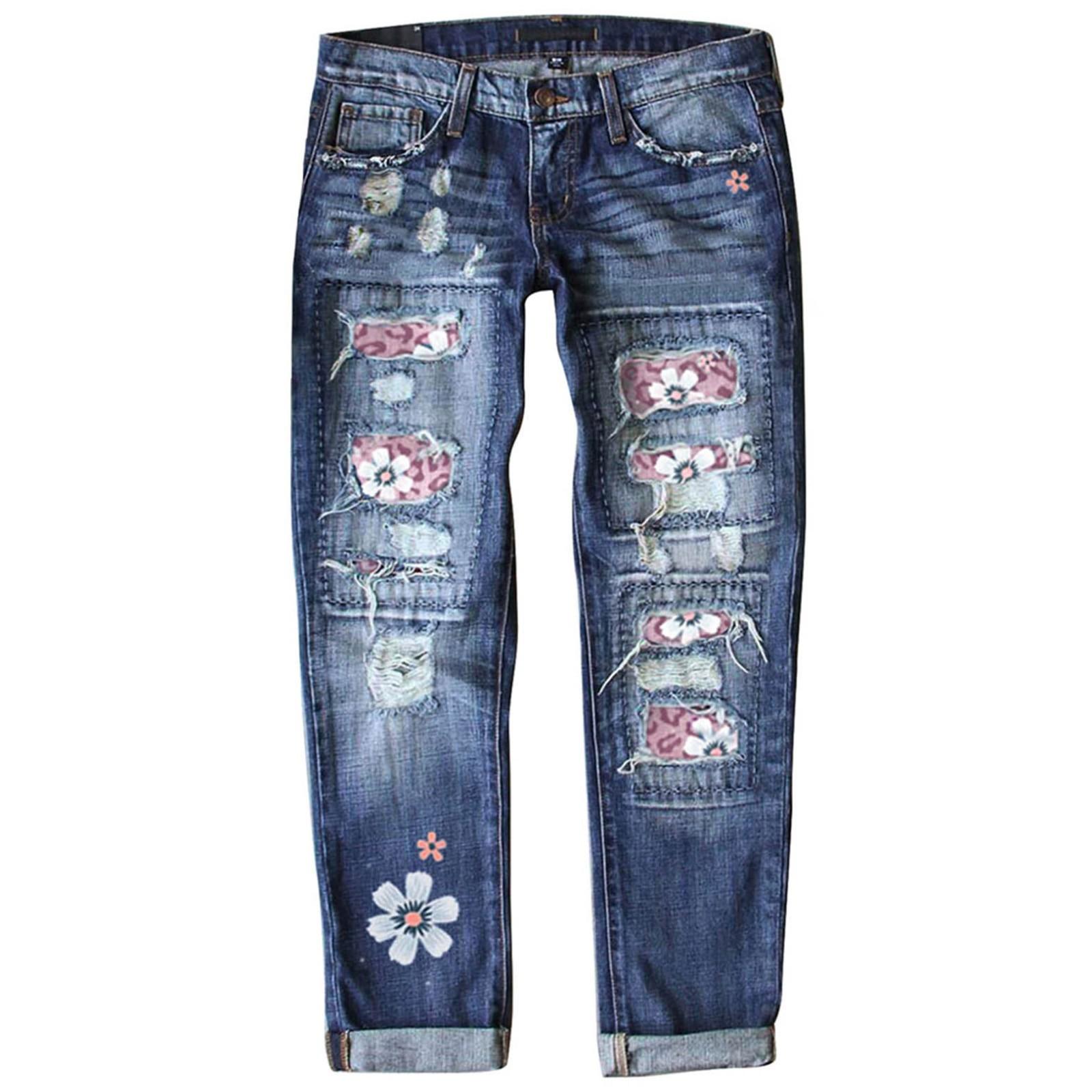 MR75XL (ZO)Dames blauwe bloem bedrukte stretch jeans hoge taille broek patch gescheurde vernietigde denim broek skinny broek L donkerblauwe kleur