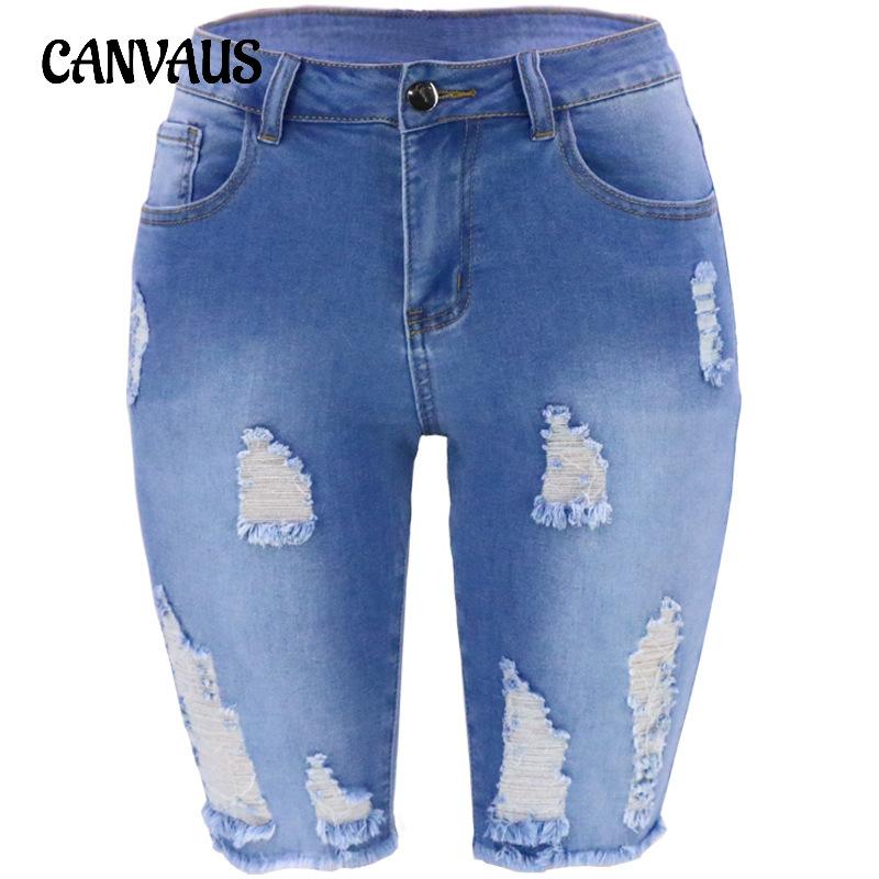 CANVAUS Zomerse gescheurde damesjeans in grote maten S wit