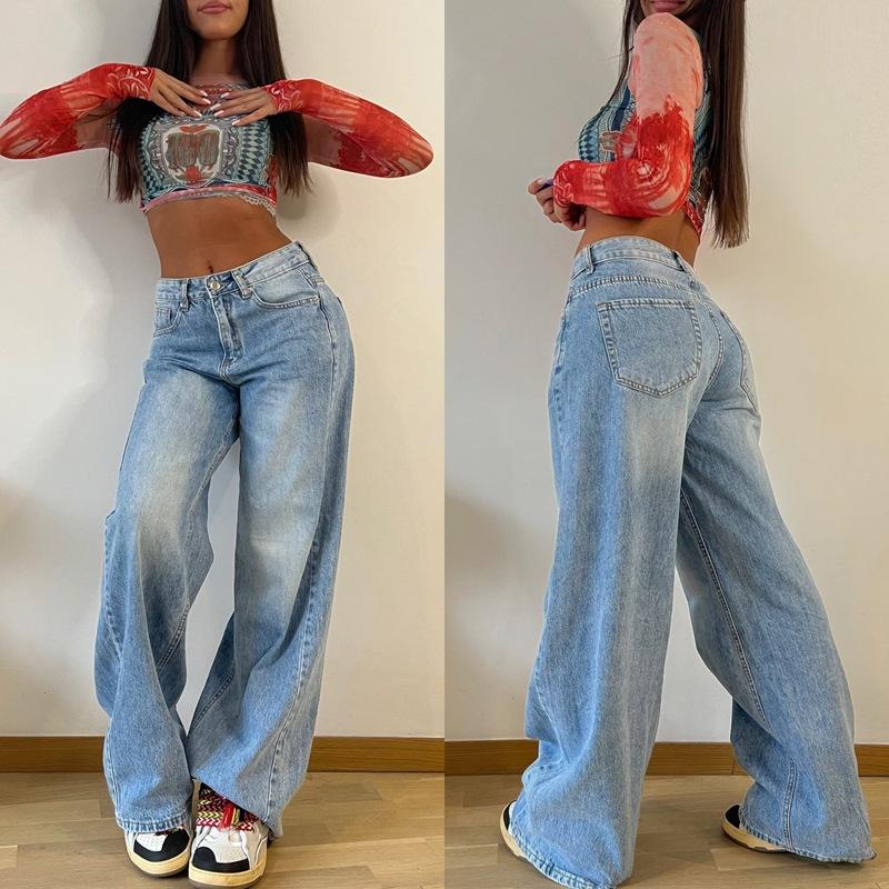 Roser Vrouwen Trendy Casual Rechte Pijpen Denim Wijde Pijpen Jeans Denim Broek met Zak Streetwear XXL blauw