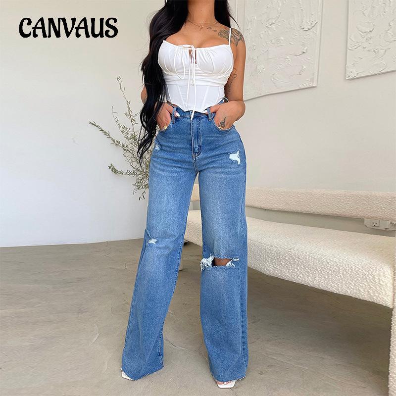 CANVAUS Lente zomer damesjeans lange hoge taille broek gescheurde ruwe rand comfortabele wijde pijpen broek S