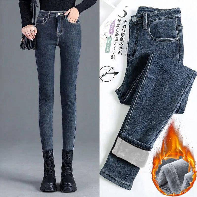 Lucky Black Cat Winter Dikke Plus Dames Hoge Taille Skinny Jeans Warm Slim Fit Stretch Dames Casual Denim Potloodbroek 25 zwart