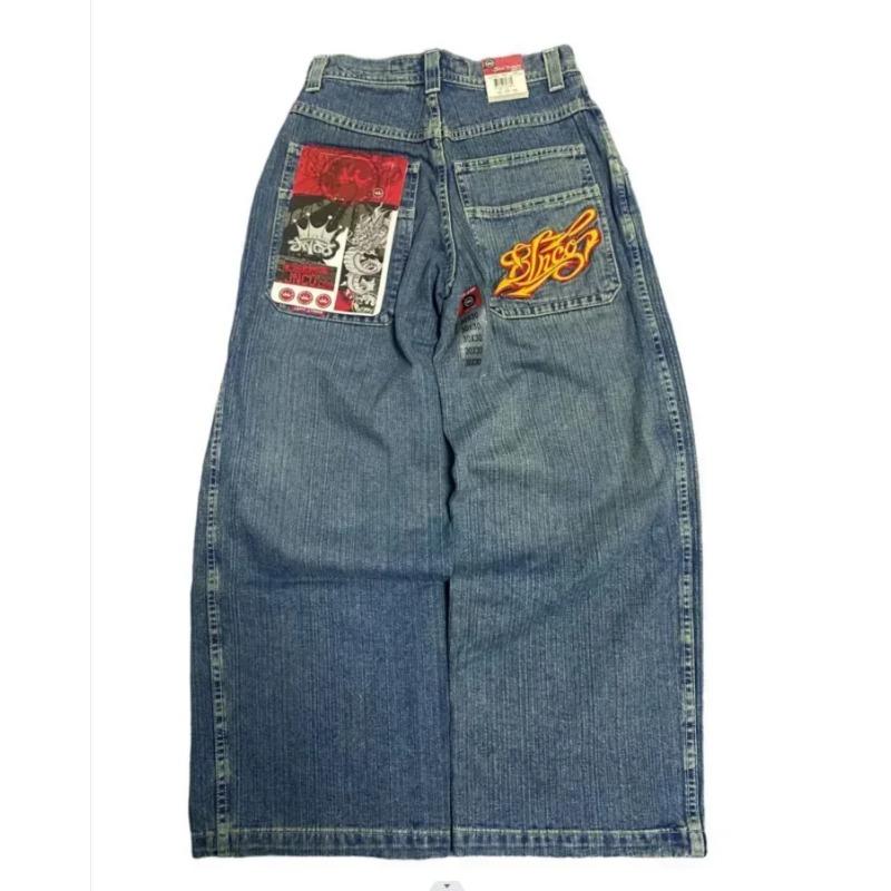 Frontline trend Vintage Jeans Y2K Nieuwe Harajuku Hip Hop Letter Geborduurde Baggy Jeans Denim Broeken Mannen Vrouwen Goth Hoge Taille Wijde Broeken S blauw