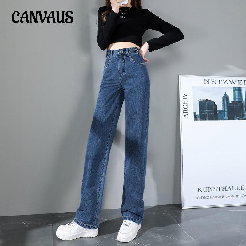 CANVAUS Lente en herfst jeans dames hoge taille jeans met rechte pijpen losse wijde pijpen denim jeans S blauw