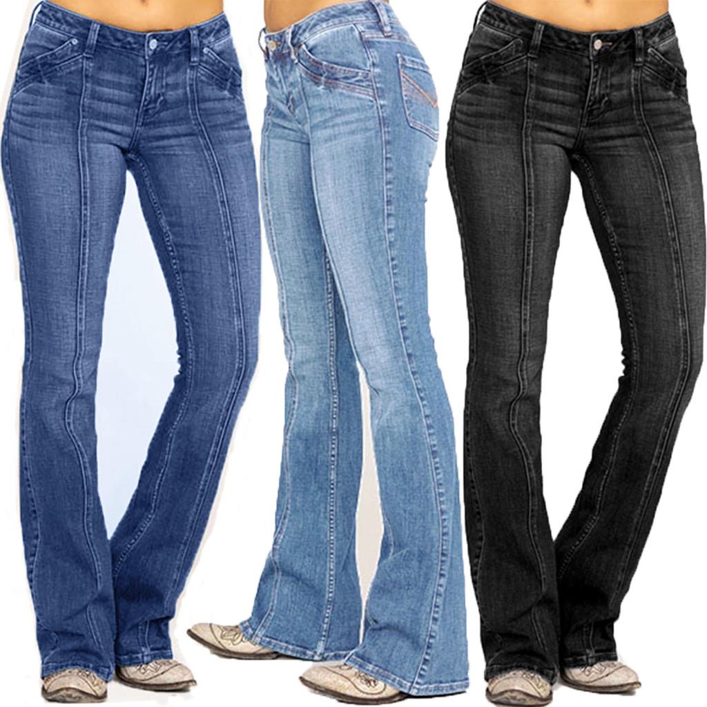 WQJ17EP Dames denim jeans met middelhoge taille, geborduurde stretch-knop en flare-broekjeans L zwart