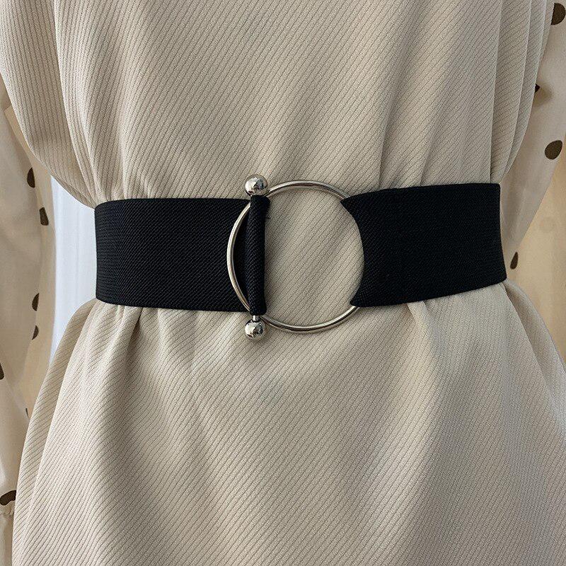 R&N Fashion 2 Mode eenvoudige riem dame zwart elastische taille riem ronde gesp decoratie riemen voor vrouwen jas trui jurk accessoires wit