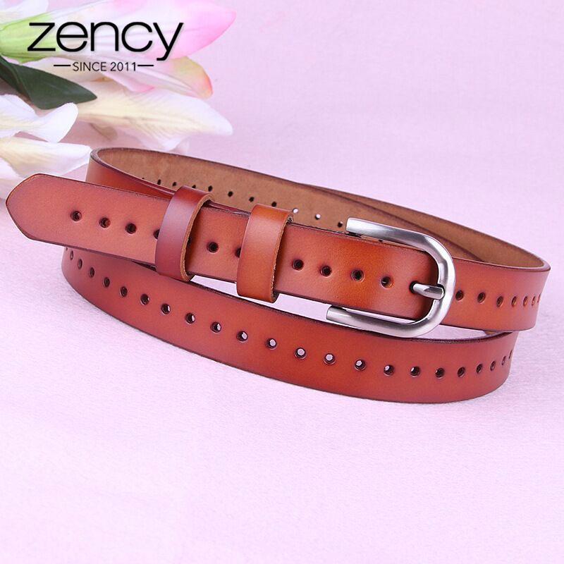 Zency Hollow Out Women's Belt 100% echt leer Hoge kwaliteit Pin Buckle Fashion decoratieve Jeans Riem Zwart Wit Koffie 110cm wit