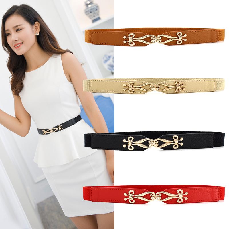 R&N Fashion 2 Gouden gesp dunne riemen voor vrouwen Vintage lente zomer elastische taille riem mode jurk decoratieve tailleband beige