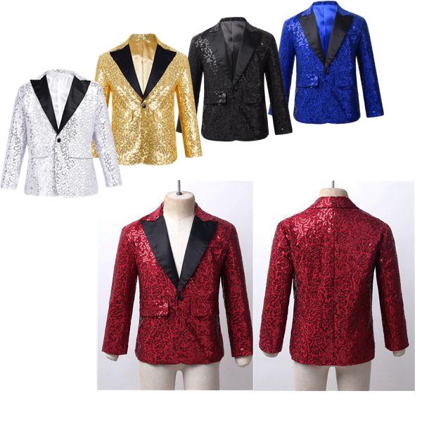 RUNQHUI Kinderen Jongens Glanzende Pailletten Revers Blazers Smoking Jasje Banket Bruiloft Dansshow Sprankelende Blazer 7-8 Years zwart