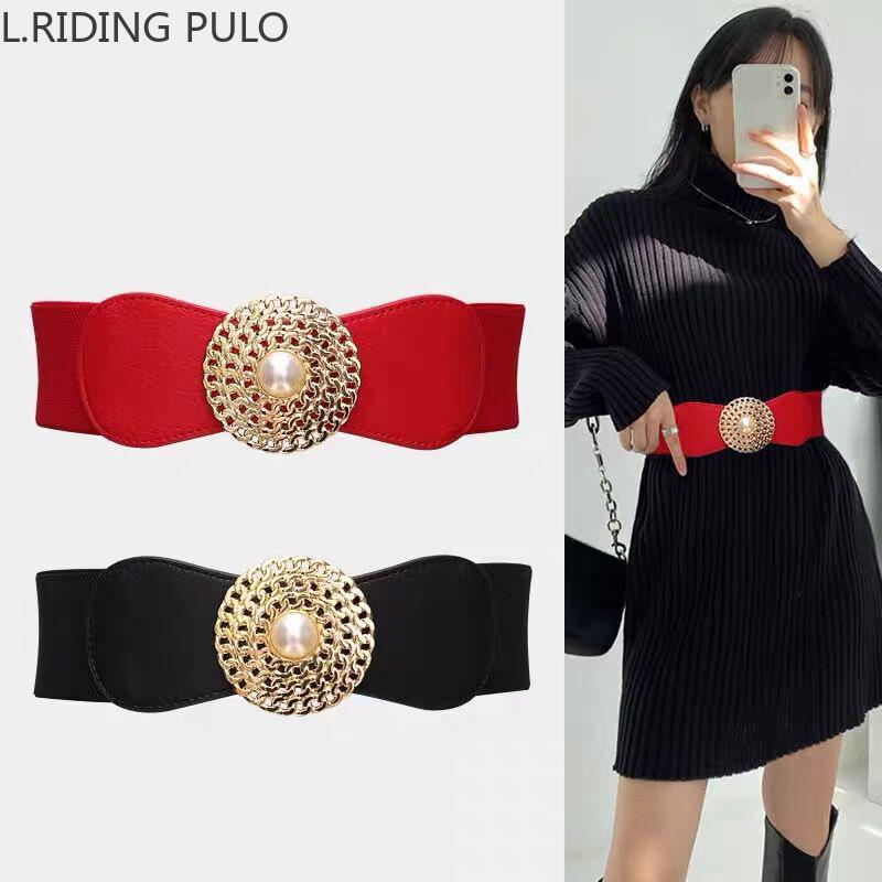 L.RIDING PULO Ronde gespketting, elastische elastische gordel, damespak, jurk, parelschijf, zwarte retro riem one size wit