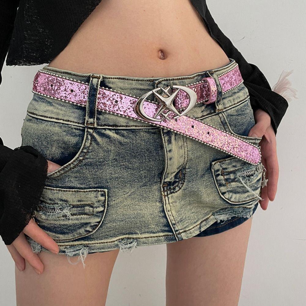 Anongkai Y2K Damesriem Verstelbare Jeans Decoratieve Riem INS Stijl Paillettenriem roze