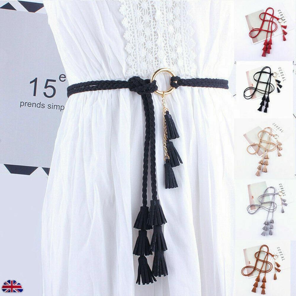 SXyurun Stijl Decoratieve Sieraden Geweven Taille Touw Gevlochten Kwastje Riemen Boheemse Tailleband Tie Strap zwart