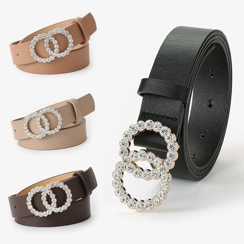 JiashengXD Vintage broekbanden damesjurkriemen dubbele ringgesp tailleband twee cirkel DiamondLeather riem zwart