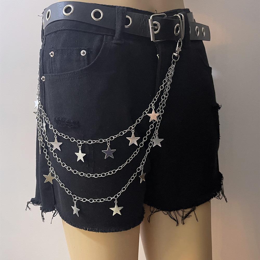 JTHawaow with Tassel Five-Pointed Star Pendants Butterfly Belt Chain Double Layer  Pants Chain  Woman zilver